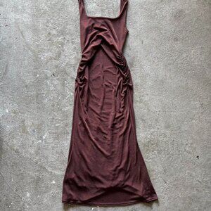 Brown club London midi dress with ruched detail and zip back